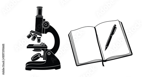 A microscope and open book with a pen representing science and learning