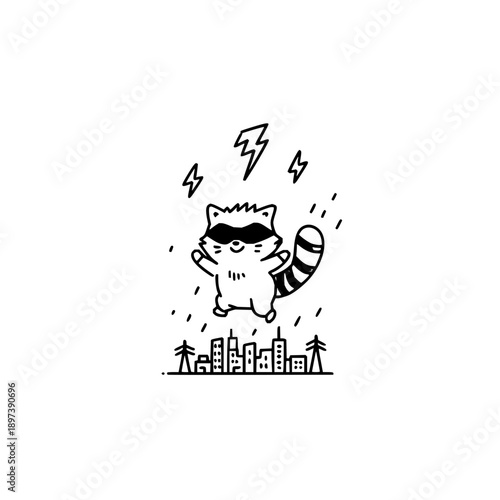 Mischievous raccoon wearing sunglasses causes chaos in city with lightning bolts