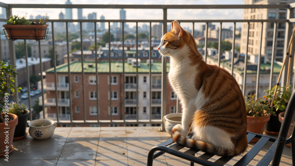 Fototapeta premium A ginger and white tabby cat sitting on a chair on a city balcony. Domestic pet watching the urban cityscape view during golden hour sunlight.