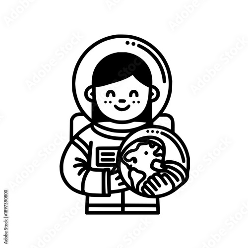 Smiling astronaut girl holding earth with cat in space suit black and white illustration