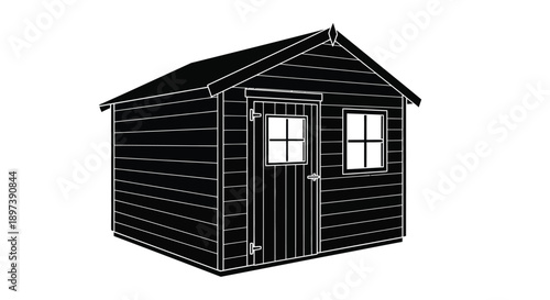 Simple black and white illustration of a small wooden garden shed
