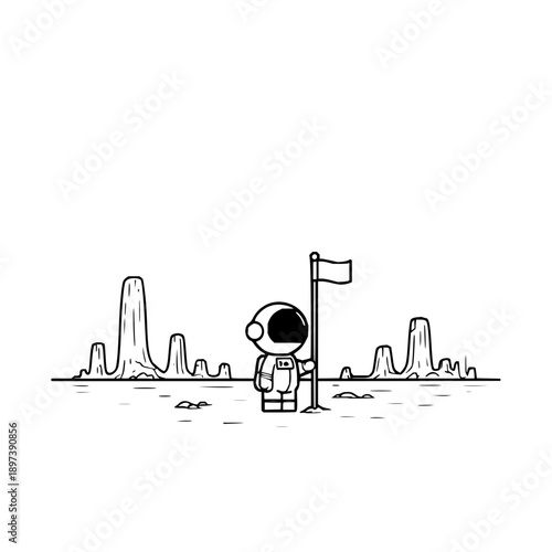 Astronaut standing on a barren planet with a flag exploring space adventure and solitude