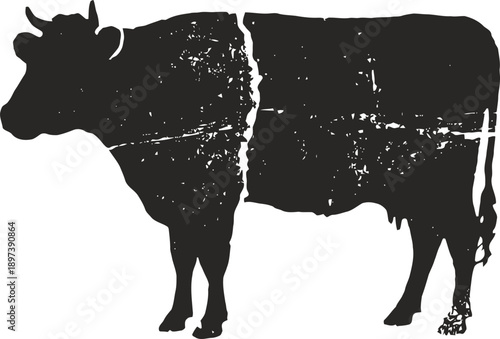 Distressed black silhouette of a standing cow with vintage texture and worn effect