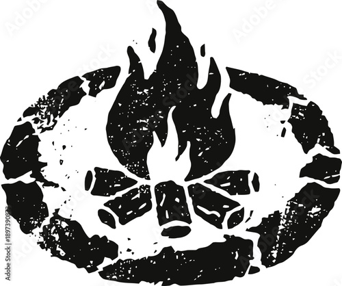 Campfire with burning logs and surrounding stones in a rustic outdoor setting