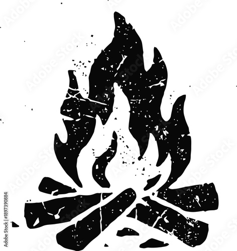 Campfire flames with burning logs in black and white vintage grunge