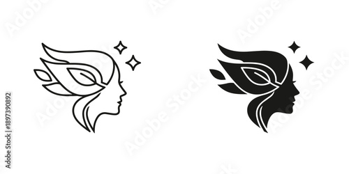 Elegant Woman Face Logo Design with Leaves and Stars