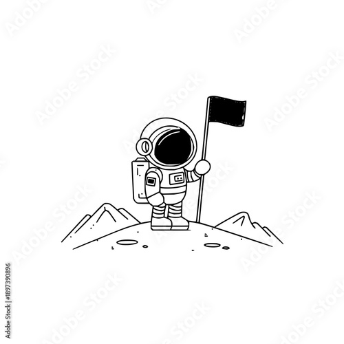 Astronaut standing on moon with flag space exploration concept black and white illustration futuristic travel