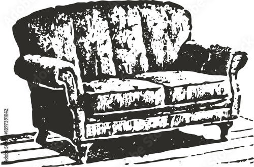 Vintage upholstered sofa with rolled arms and tufted backrest in rustic setting