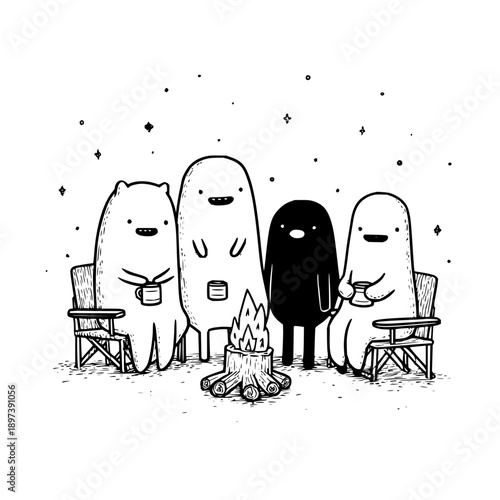 Cartoon characters sitting around campfire under starry night sky with friends