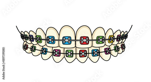 Colorful dental braces on a set of perfectly aligned teeth illustration