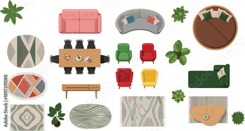 Top‑down interior design furniture layout with colorful sofas, armchairs, dining table, rugs, plants, and decor elements for modern living room planning and inspiration