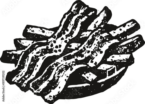 Crispy cooked bacon strips stacked on plate, vintage black and white illustration