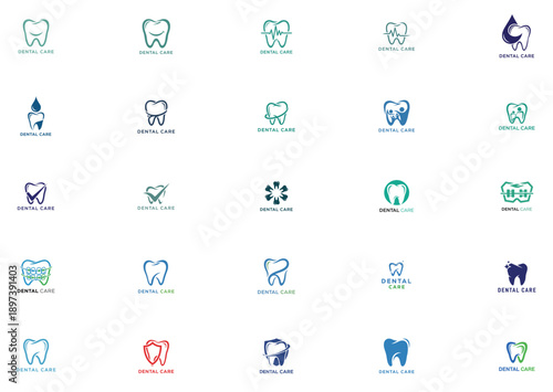 Collection of dental icons in various colors and designs on a clean background