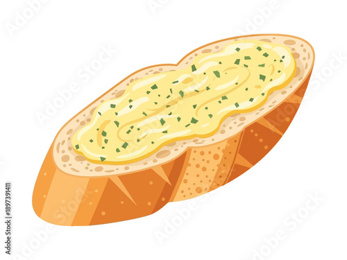 Illustration of garlic bread with melted butter and herbs on a white background viewed from an angle
