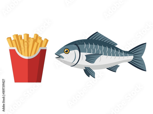 A cartoon fish alongside a container of french fries, a common fast food pairing, viewed from the side.