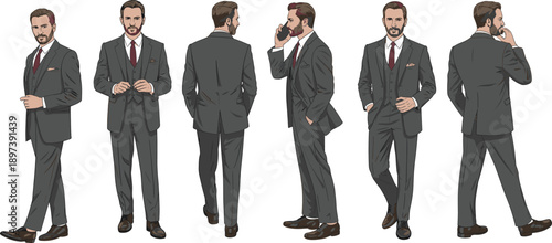Set of Professional Businessman Character Illustrations Featuring a Bearded Man in a Grey Three Piece Suit with Red Tie Outlines,
