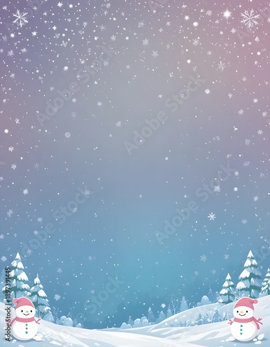 cute snowman characters in falling snow forest winter background illustration