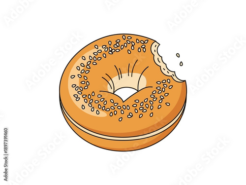 A bitten donut with sesame seeds on a plain white background viewed from directly above