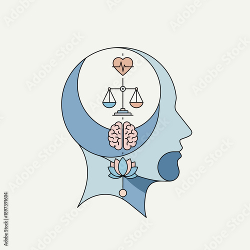Human Head Silhouette with Symbols of Mind and Balance.
