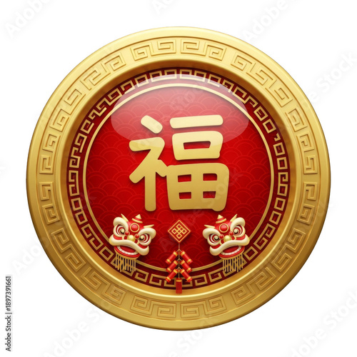 Golden Embossed Chinese Symbol Surrounded by Lion Heads