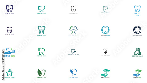 Collection of dental icons in various colors and designs on a plain background