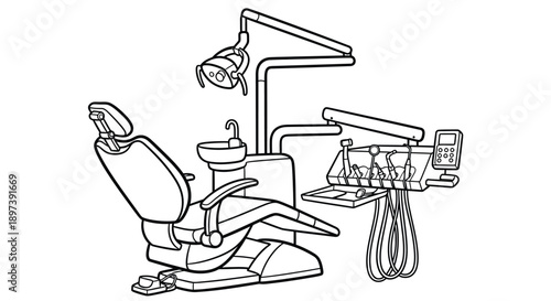 Line drawing of a dental chair and associated equipment