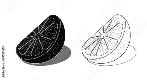 Two citrus fruit slices a lime and a lemon in black and white
