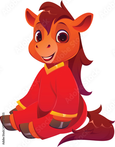 Chinese Lunar New Year kid, Asian holiday character. Cartoon horse foal dressed in a traditional red Chinese costume sits happily with a cheerful smile. Festive vector mascot for Asian holidays