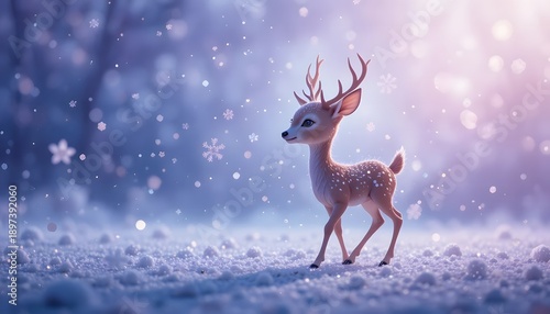 baby deer in falling snow forest winter fantasy fairytale background