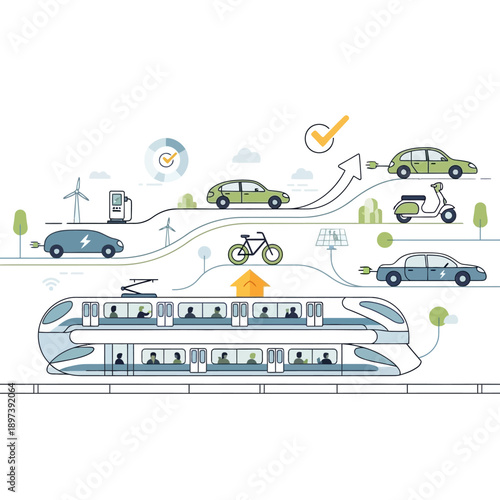 Sustainable transportation modes including electric cars and train.