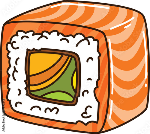 Cartoon funny groovy Japanese sushi with salmon, mango, cucumber, and avocado. Retro vector roll with fresh ingredients for funky restaurant menus, food branding, or quirky culinary stickers