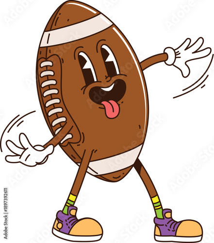 Cartoon groovy rugby ball or sport hippie character, comic vector emoji. Groovy rugby ball with funny face and silly smile with tongue out and quirky trippy expression for y2k funky rugby sport ball