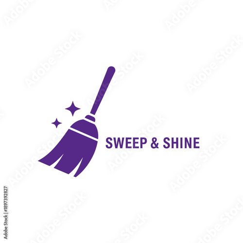 Purple magic broom with sparkle stars icon logo for professional housekeeping and commercial janitorial service named Sweep and Shine