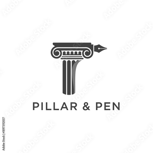 Classic ionic pillar column integrated with fountain pen nib icon for law firm or creative writing agency logo identity of PILLAR & PEN