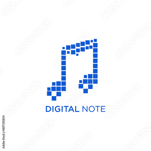 Blue pixelated musical note icon logo for digital music streaming platform and electronic audio production app named Digital Note