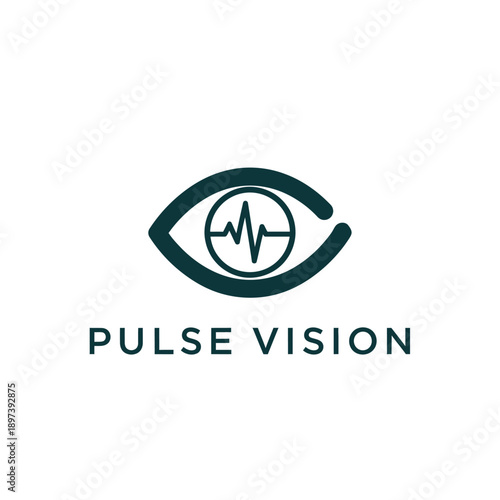 Human eye with heartbeat pulse line icon for medical diagnostic center or ophthalmology clinic identity logo branding of PULSE VISION