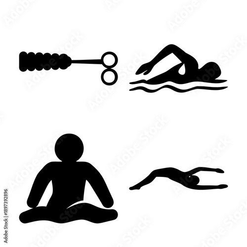 Collection of simple black silhouette icons: medical clamp, swimmers, and meditation pose