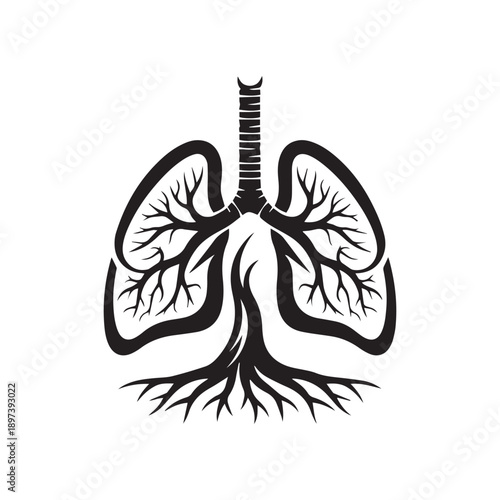 Stylized illustration of lungs shaped like a tree with roots, symbolizing health, life, and the respiratory system.