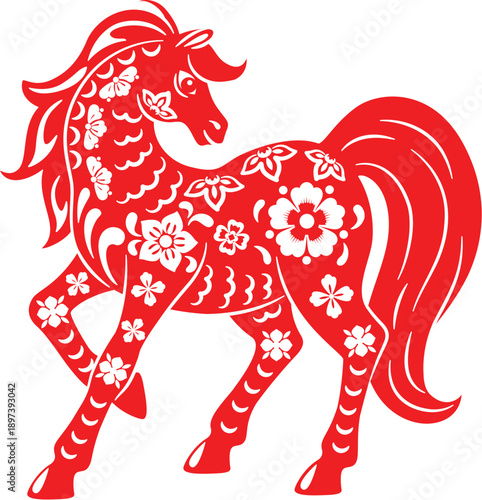 Festive papercut Chinese Lunar New Year horse. Red horse with a gorgeous tail and mane is stamping its hoof. Traditional Chinese symbol with floral and wave patterns for holiday decorations