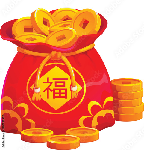 Red Chinese lucky money bag, fortune pouch with golden coins and ingots, Asian happy wallet. Traditional silk pouch tied with a golden rope. Cartoon vector icon for Lunar New Year designs