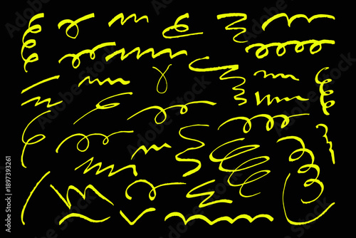 Hand drawn marker highlighters, underline, lines, sketch Handwritten notes for text or on school board Yellow doodle elements collection Rough brush strokes isolated on black background Childish drawn