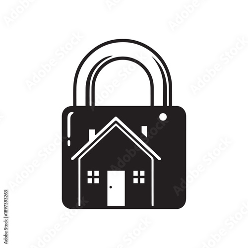 Secure Home: Stylized house icon integrated into a padlock, representing home security, safety, and real estate protection.