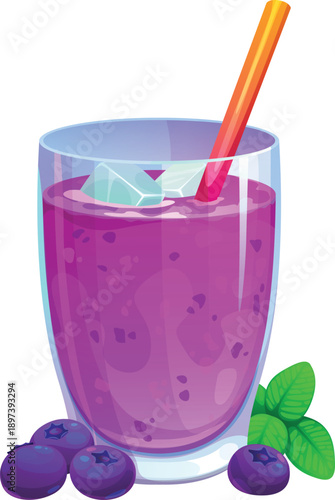 Purple violet smoothie of blueberries, glass with drinking straw, cartoon vector drink. Blueberry fruit or berry smoothie drink with ice cubes, fruity cocktail or healthy juice for dessert beverage