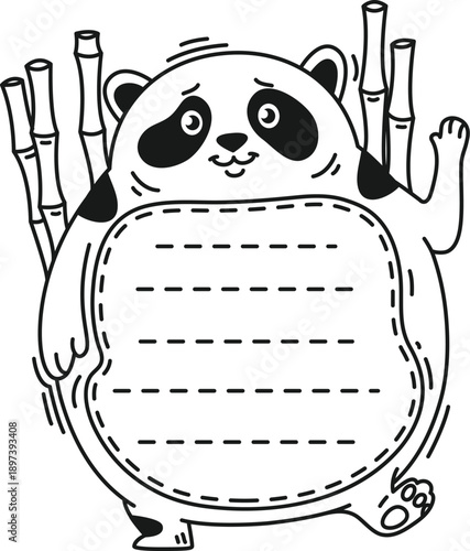 Black and white panda kids cartoon memo note frame with bamboo stalks and dashed lines sheet for notes. Vector cute panda animal with blank lines on its belly for writing or children classroom use