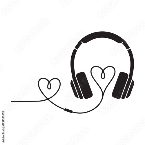 Music Love: Headphones with heart-shaped cord, expressing passion for music and audio enjoyment.