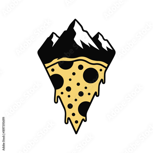 Adventure Food Fusion: Pizza slice merging with a snowy mountain peak, combining delicious food and extreme adventure.