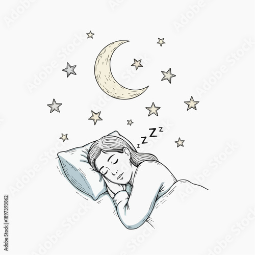 A serene woman peacefully sleeping under a starry night sky with a crescent moon
