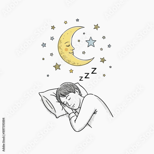 A peaceful illustration of a person sleeping under the stars and moon
