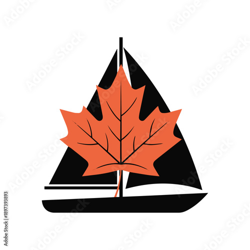 Eco voyage logo featuring a sailboat with a Canadian maple leaf as a sail, representing sustainable travel and Canada.
