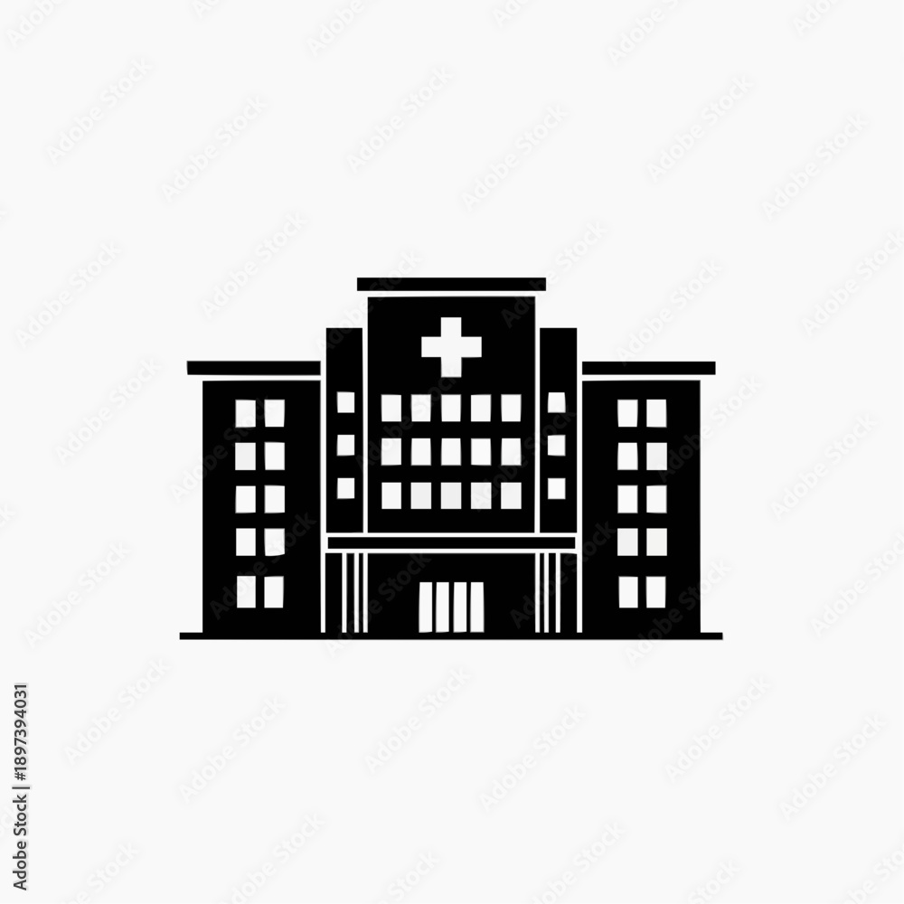 Obraz premium A black and white vector graphic illustration of a hospital building